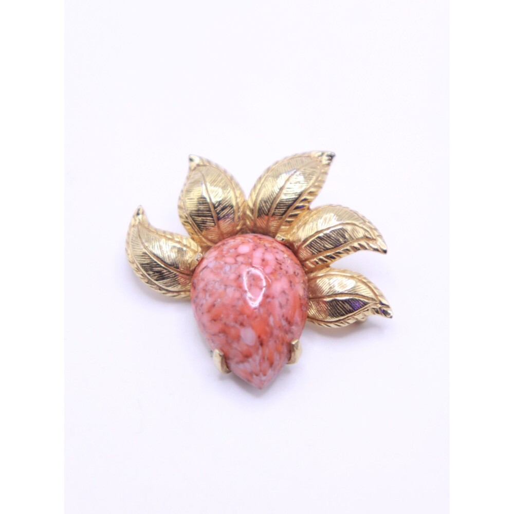 Vintage Rare Castlecliff Orange coral tone Art glass Gold tone leaves Brooch